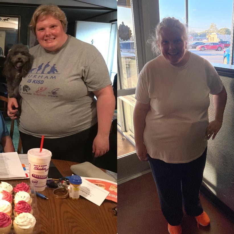 Before and after photos of a client who has lost a lot of weight.